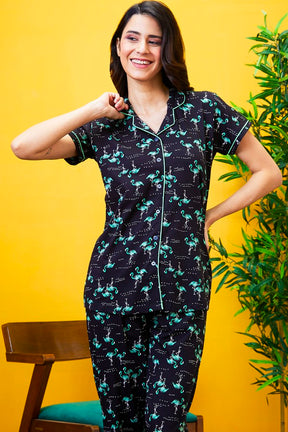 AV2 Women Cotton Bird Printed Top & Pyjama Nighsuit Set - Black 2201B