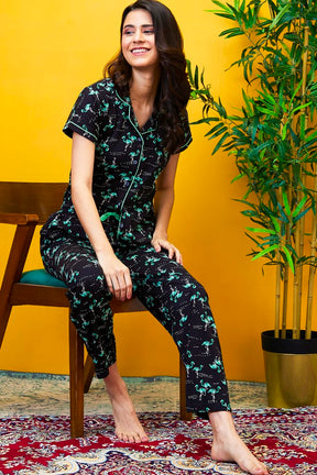AV2 Women Cotton Bird Printed Top & Pyjama Nighsuit Set - Black 2201B