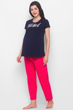 AV2 Women Cotton Printed Maternity & Feeding Top & Pyjama Set - Navy 2239C