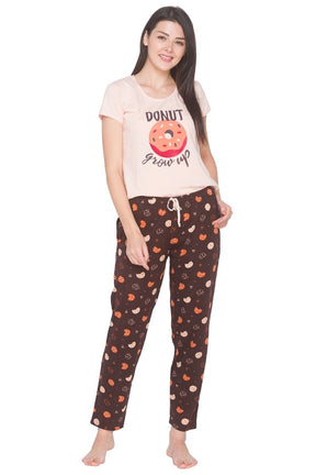 AV2 Women Cotton Printed Top and Pajama Night Suit Set Beige - 2241A