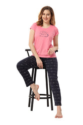 AV2 Women Cotton Printed Top & Pyjama Nightsuit set Pink - 2269C