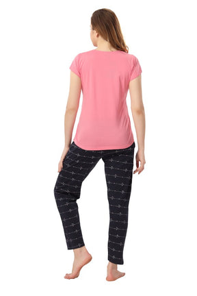 AV2 Women Cotton Printed Top & Pyjama Nightsuit set Pink - 2269C