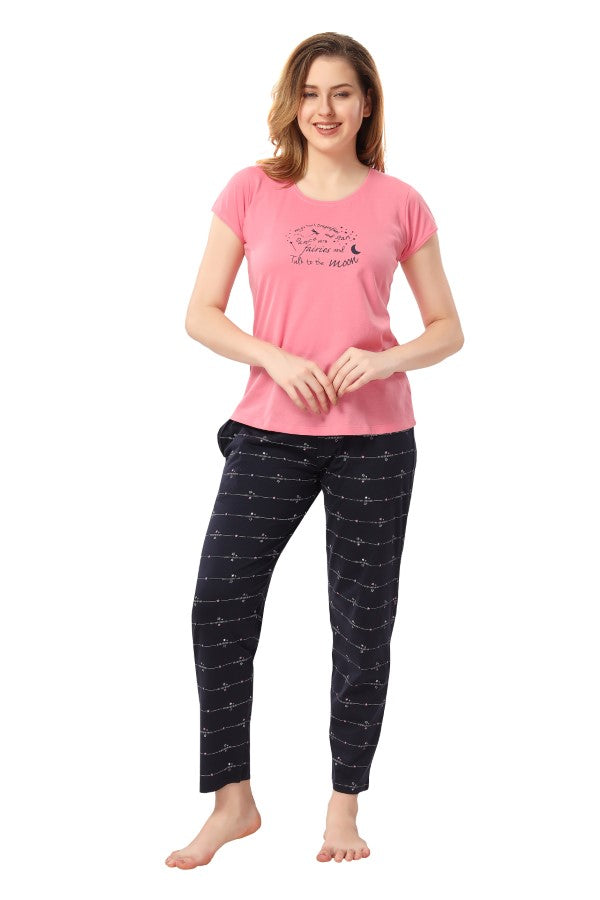 AV2 Women Cotton Printed Top & Pyjama Nightsuit set Pink - 2269C