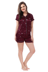 AV2 Women Satin Short Sleeve Top And Shorts Nightsuit Set - Maroon 2286B