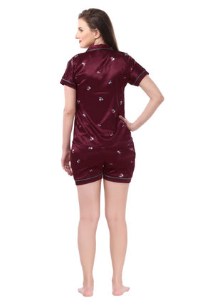 AV2 Women Satin Short Sleeve Top And Shorts Nightsuit Set - Maroon 2286B