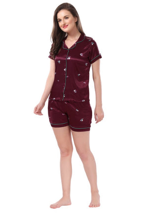 AV2 Women Satin Short Sleeve Top And Shorts Nightsuit Set - Maroon 2286B