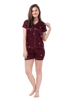 AV2 Women Satin Short Sleeve Top And Shorts Nightsuit Set - Maroon 2286B