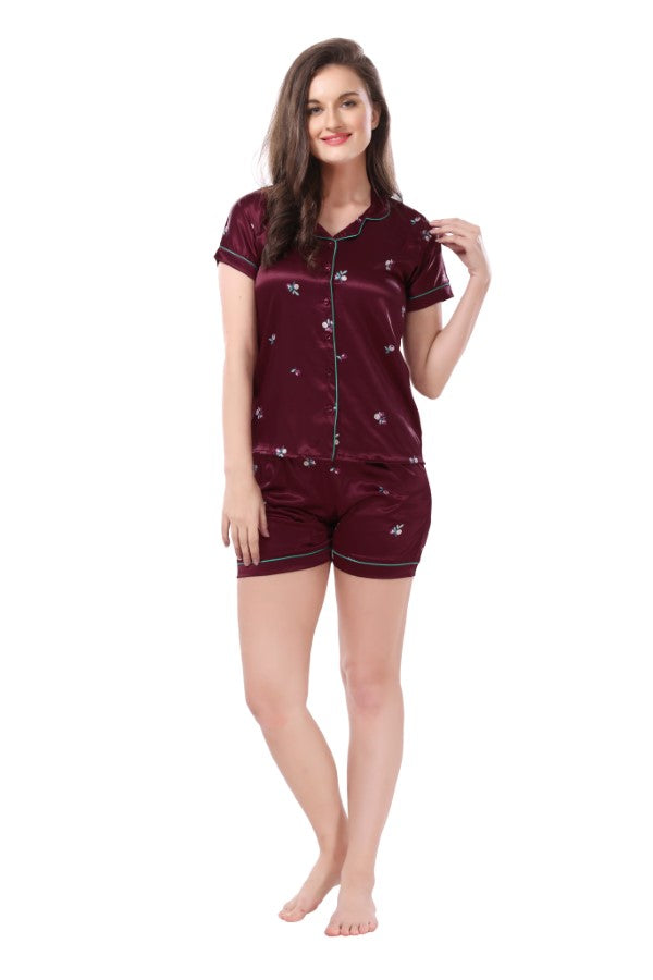 AV2 Women Satin Short Sleeve Top And Shorts Nightsuit Set - Maroon 2286B