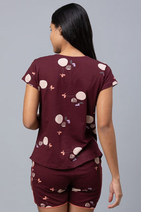 AV2 Women Cotton Printed Maternity & Feeding Top & Shorts Set - Maroon 2308A
