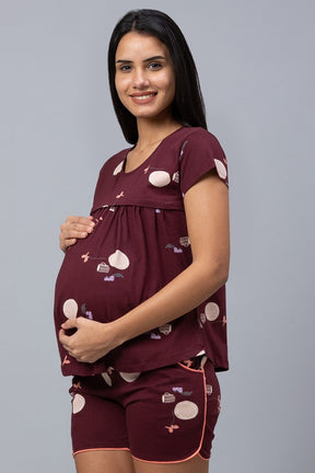 AV2 Women Cotton Printed Maternity & Feeding Top & Shorts Set - Maroon 2308A