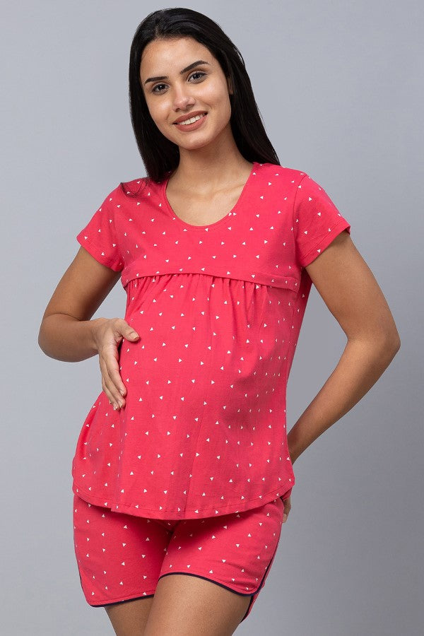 AV2 Women Cotton Printed Maternity & Feeding Top & Shorts Set - Pink 2309A