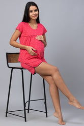 AV2 Women Cotton Printed Maternity & Feeding Top & Shorts Set - Pink 2309A