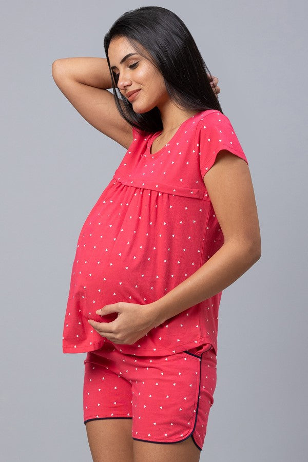 AV2 Women Cotton Printed Maternity & Feeding Top & Shorts Set - Pink 2309A
