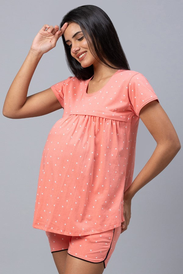 AV2 Women Cotton Printed Maternity & Feeding Top & Shorts Set - Peach 2309B