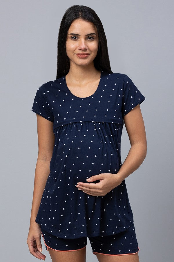 AV2 Women Cotton Printed Maternity & Feeding Top & Shorts Set - Navy 2309C