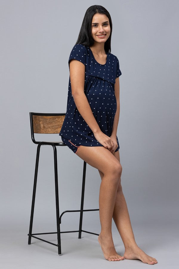 AV2 Women Cotton Printed Maternity & Feeding Top & Shorts Set - Navy 2309C