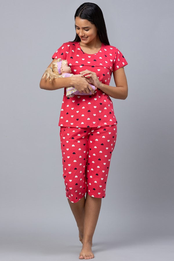 AV2 Women Cotton Printed Feeding Top & Capri Set - Pink 2313B