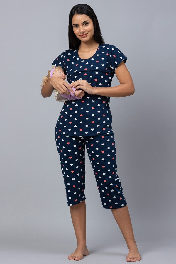 AV2 Women Cotton Printed Feeding Top & Capri Set - Navy 2313C