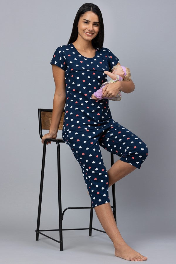 AV2 Women Cotton Printed Feeding Top & Capri Set - Navy 2313C