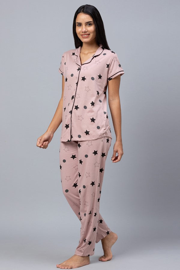 AV2 Women Cotton Short Sleeve Top And Pyjama Nightsuit Set - Mauve 2317A