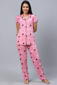 AV2 Women Cotton Short Sleeve Top And Pyjama Nightsuit Set - Pink 2317B