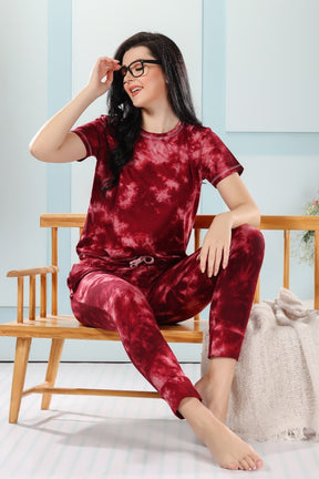 AV2 Women Cotton Tie Dye Top & Pyjama Nightsuit set Maroon - 2327C