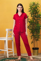 AV2 Women Rayon Notched Collar Pajama Nightsuit Set Red - 2328B