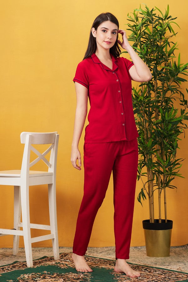 AV2 Women Rayon Notched Collar Pajama Nightsuit Set Red - 2328B