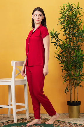 AV2 Women Rayon Notched Collar Pajama Nightsuit Set Red - 2328B