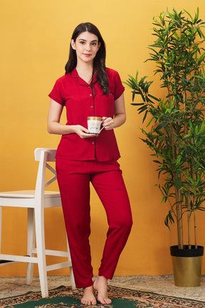 AV2 Women Rayon Notched Collar Pajama Nightsuit Set Red - 2328B