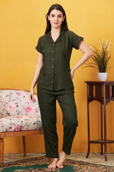 AV2 Women Rayon Notched Collar Pajama Nightsuit Set Olive - 2328C