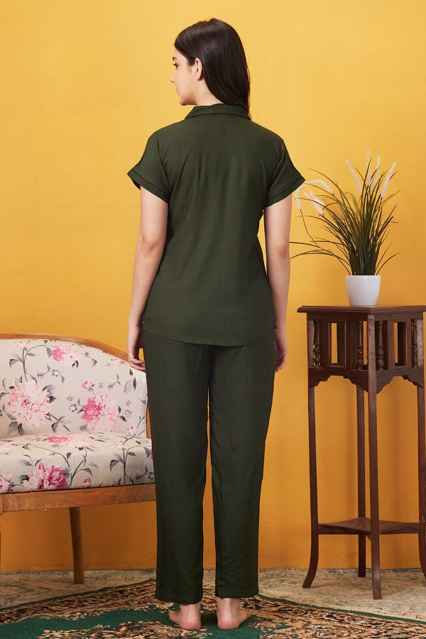 AV2 Women Rayon Notched Collar Pajama Nightsuit Set Olive - 2328C