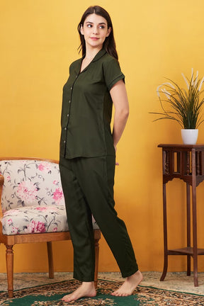 AV2 Women Rayon Notched Collar Pajama Nightsuit Set Olive - 2328C