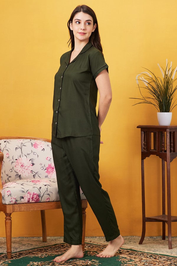 AV2 Women Rayon Notched Collar Pajama Nightsuit Set Olive - 2328C