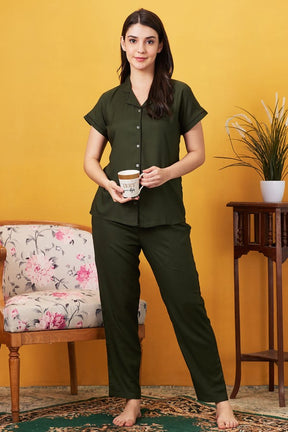 AV2 Women Rayon Notched Collar Pajama Nightsuit Set Olive - 2328C