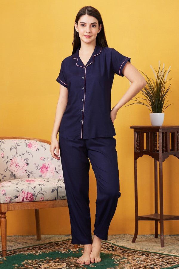 AV2 Women Rayon Notched Collar Pajama Nightsuit Set Navy Blue - 2328D