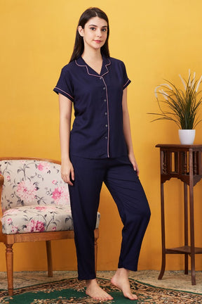 AV2 Women Rayon Notched Collar Pajama Nightsuit Set Navy Blue - 2328D