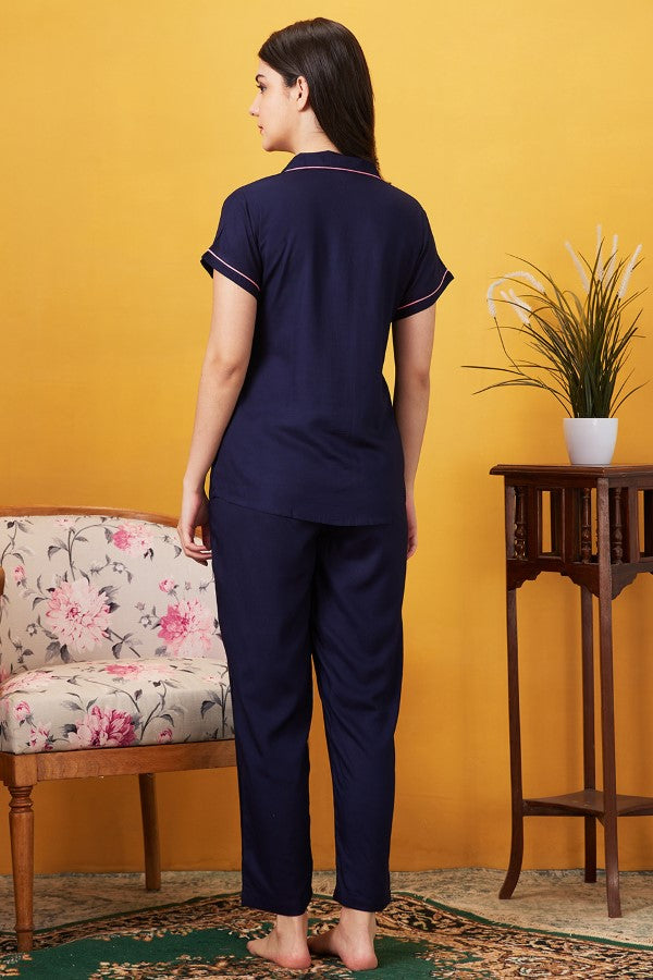 AV2 Women Rayon Notched Collar Pajama Nightsuit Set Navy Blue - 2328D