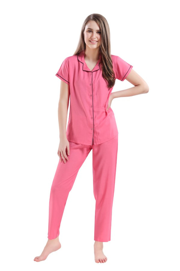 AV2 Women Rayon Short Sleeve Top And Pyjama Nightsuit Set Pink - 2328A