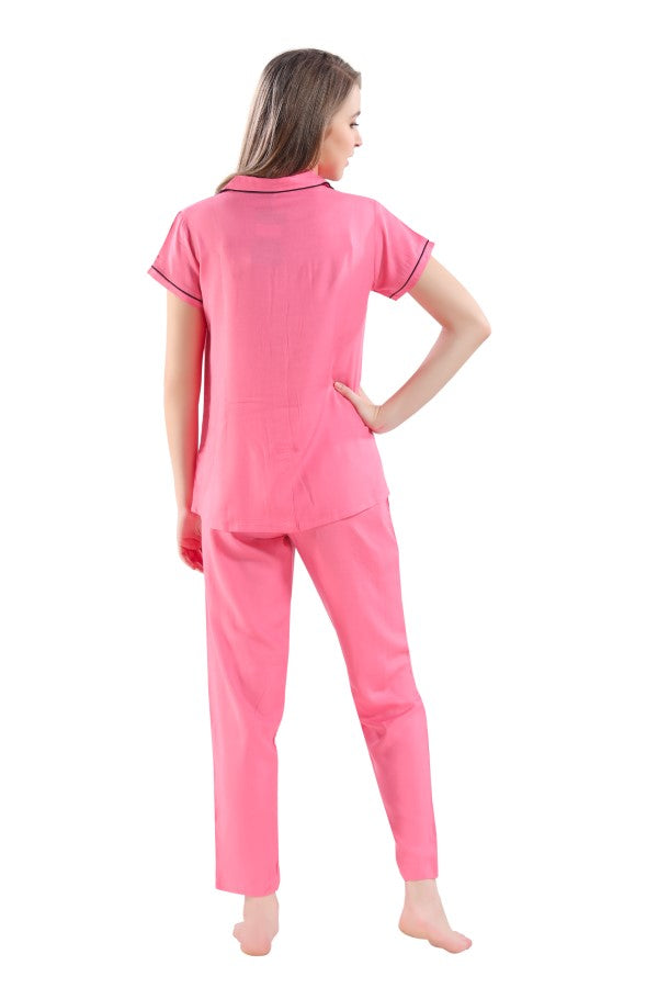 AV2 Women Rayon Short Sleeve Top And Pyjama Nightsuit Set Pink - 2328A