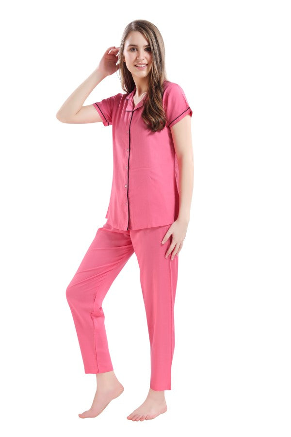 AV2 Women Rayon Short Sleeve Top And Pyjama Nightsuit Set Pink - 2328A