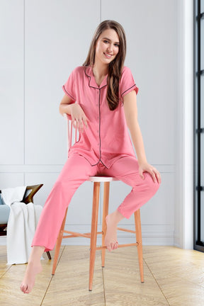 AV2 Women Rayon Short Sleeve Top And Pyjama Nightsuit Set Pink - 2328A