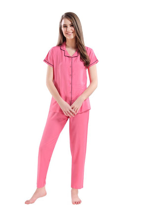 AV2 Women Rayon Short Sleeve Top And Pyjama Nightsuit Set Pink - 2328A