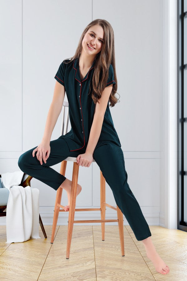 AV2 Women Rayon Short Sleeve Top And Pyjama Nightsuit Set Teal - 2328E