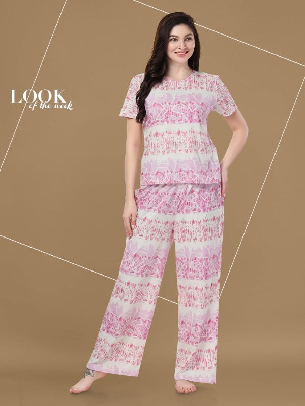 AV2 Women Cotton Printed Top & Pajama Nightsuit Set Pink Pattern - 2397A