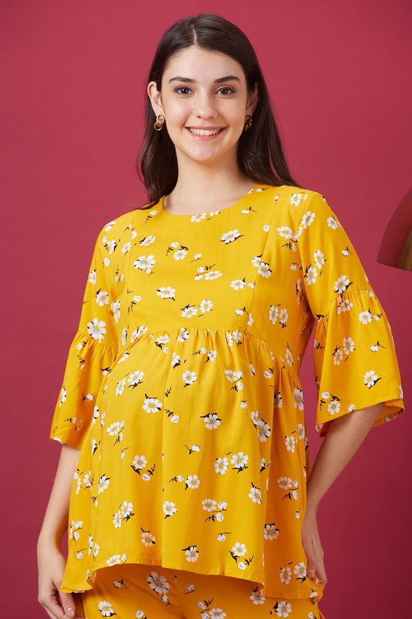 AV2 Women Rayon Printed Maternity Co-ords Yellow - 2398A