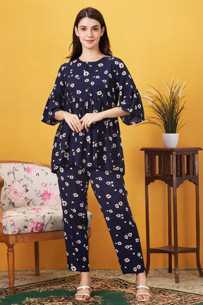 AV2 Women Rayon Printed Maternity Co-ords Navy Blue - 2398C