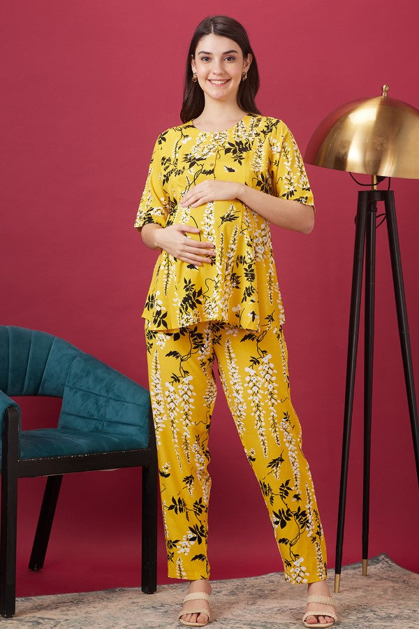 AV2 Women Rayon Printed Maternity Co-ords Yellow - 2401B