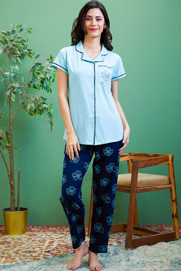 AV2 Women Cotton Short Sleeve Top And Pyjama Night suit Set - Turq 2408A