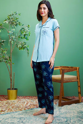 AV2 Women Cotton Short Sleeve Top And Pyjama Night suit Set - Turq 2408A